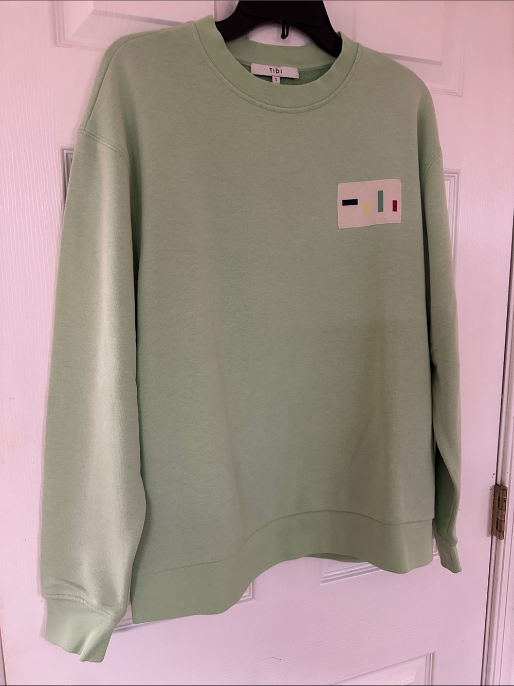 Tibi Mint Green Crewneck Sweatshirt with Small Multicolor Patch